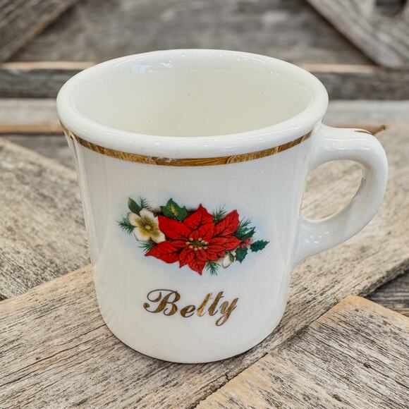 1982 Vintage Homer Laughlin "Betty"/Poinsettia Christmas/Holiday Gold Rim Mug-3" - Picture 2 of 6